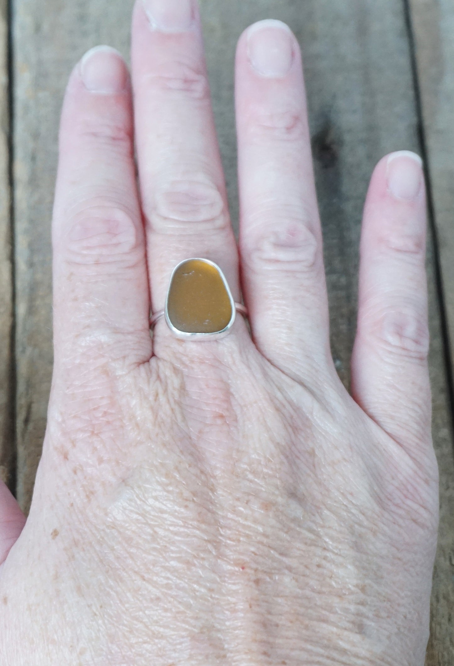 Size 7 3/4 Amber Brown Sea Glass Stacking Ring
