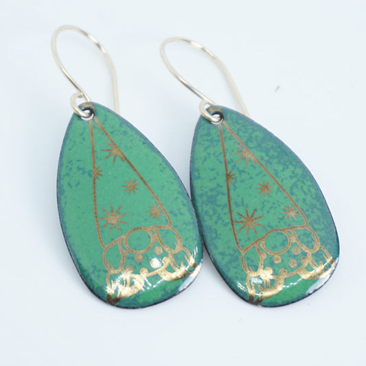 Gold Gnomes on Green Enamel Teardrop Earrings
