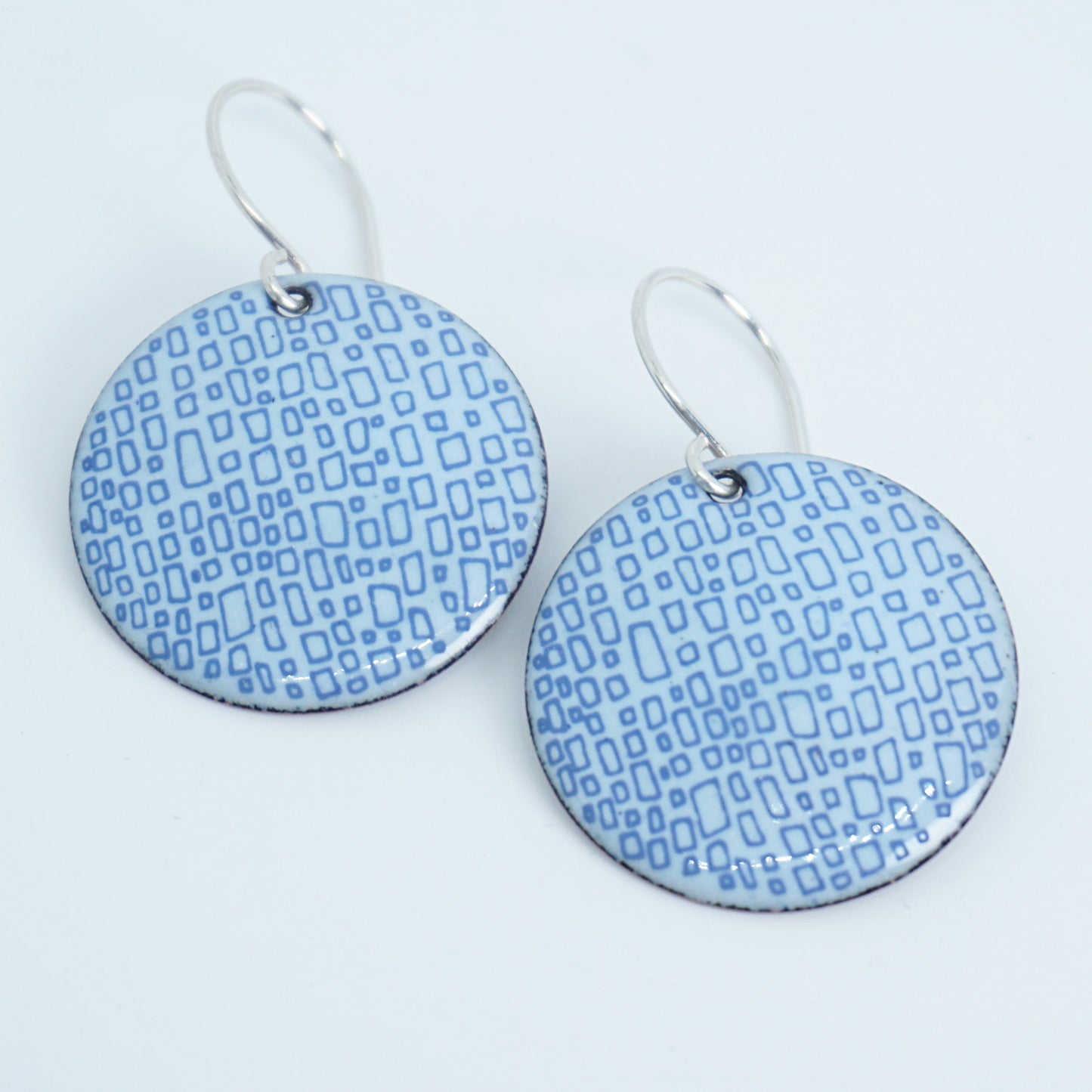 Blue Square Accents on Light Seafoam Green Enamel Disc Earrings