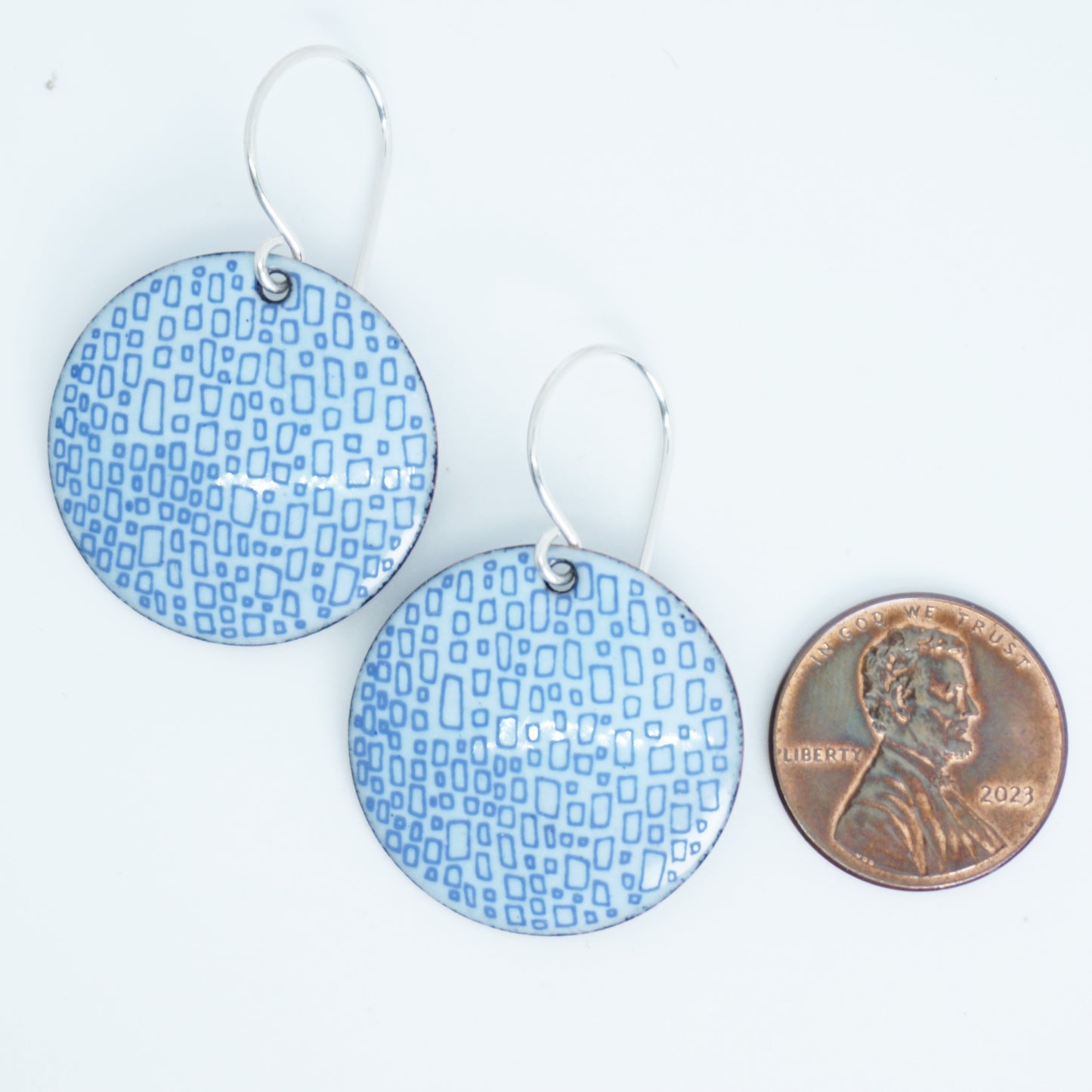 Blue Square Accents on Light Seafoam Green Enamel Disc Earrings