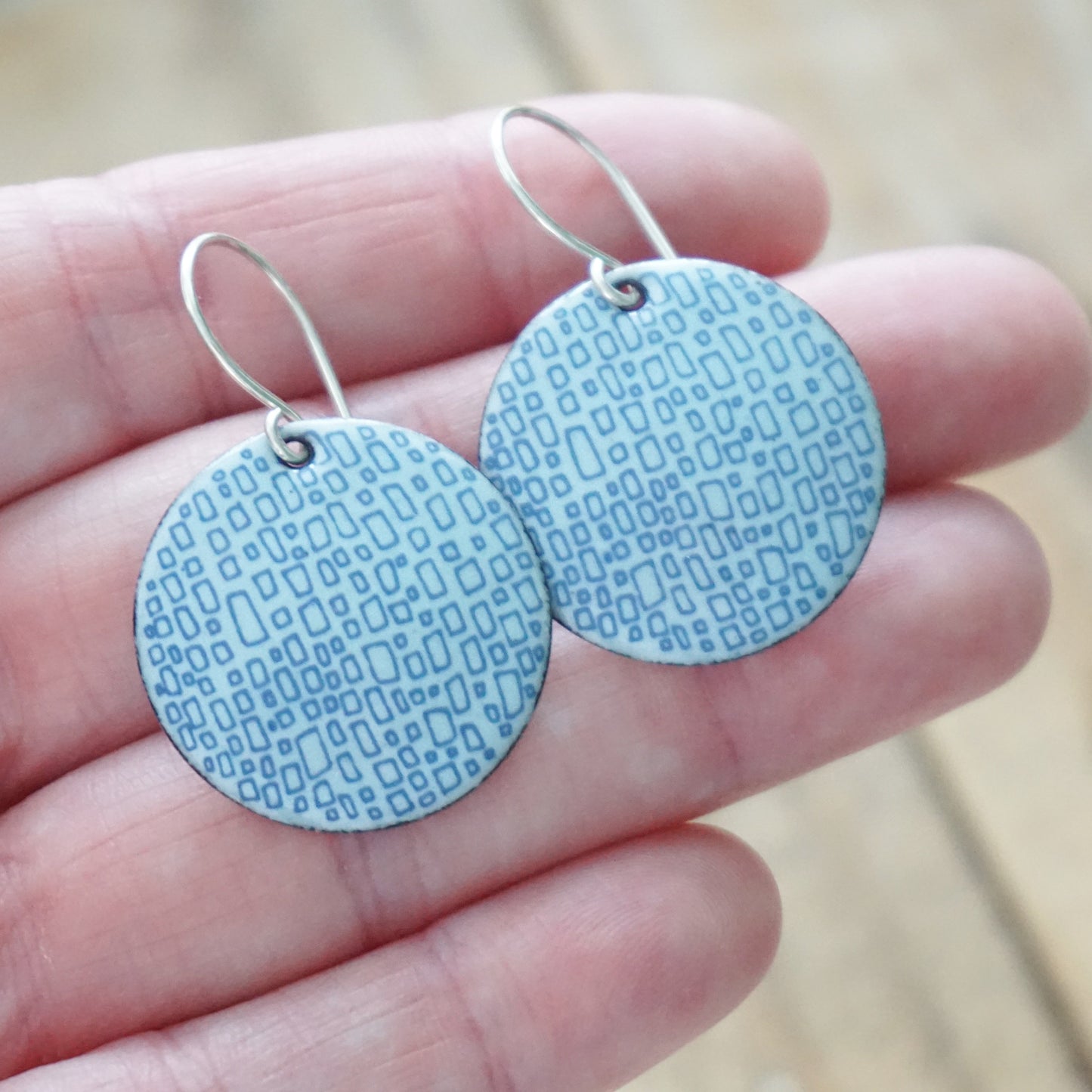 Blue Square Accents on Light Seafoam Green Enamel Disc Earrings