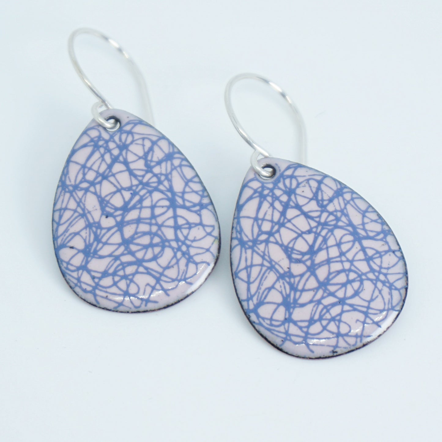 Blue Scribble Line Accents on Pink Enamel Teardrop Earrings