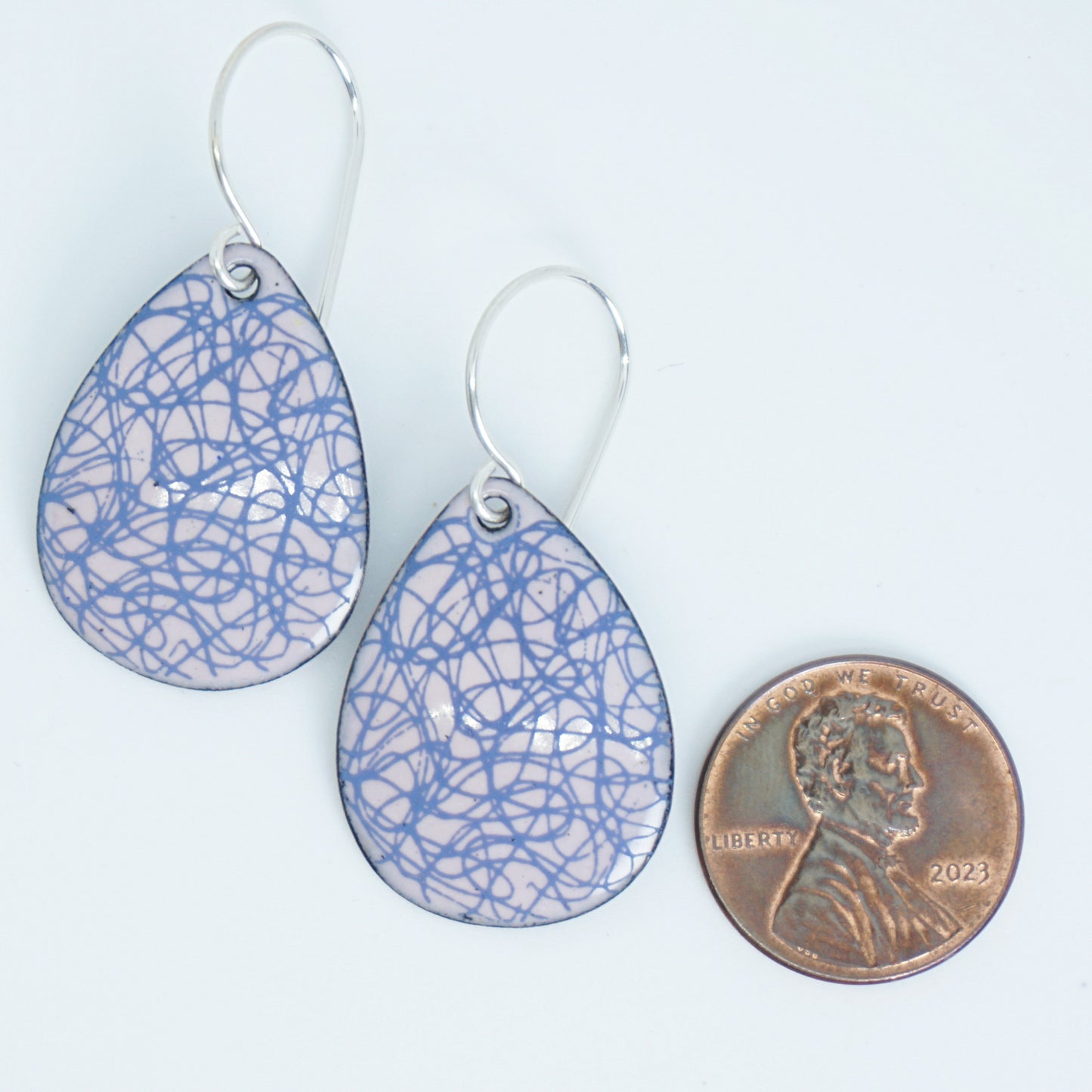 Blue Scribble Line Accents on Pink Enamel Teardrop Earrings