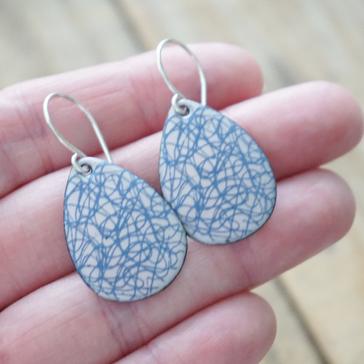 Blue Scribble Line Accents on Pink Enamel Teardrop Earrings