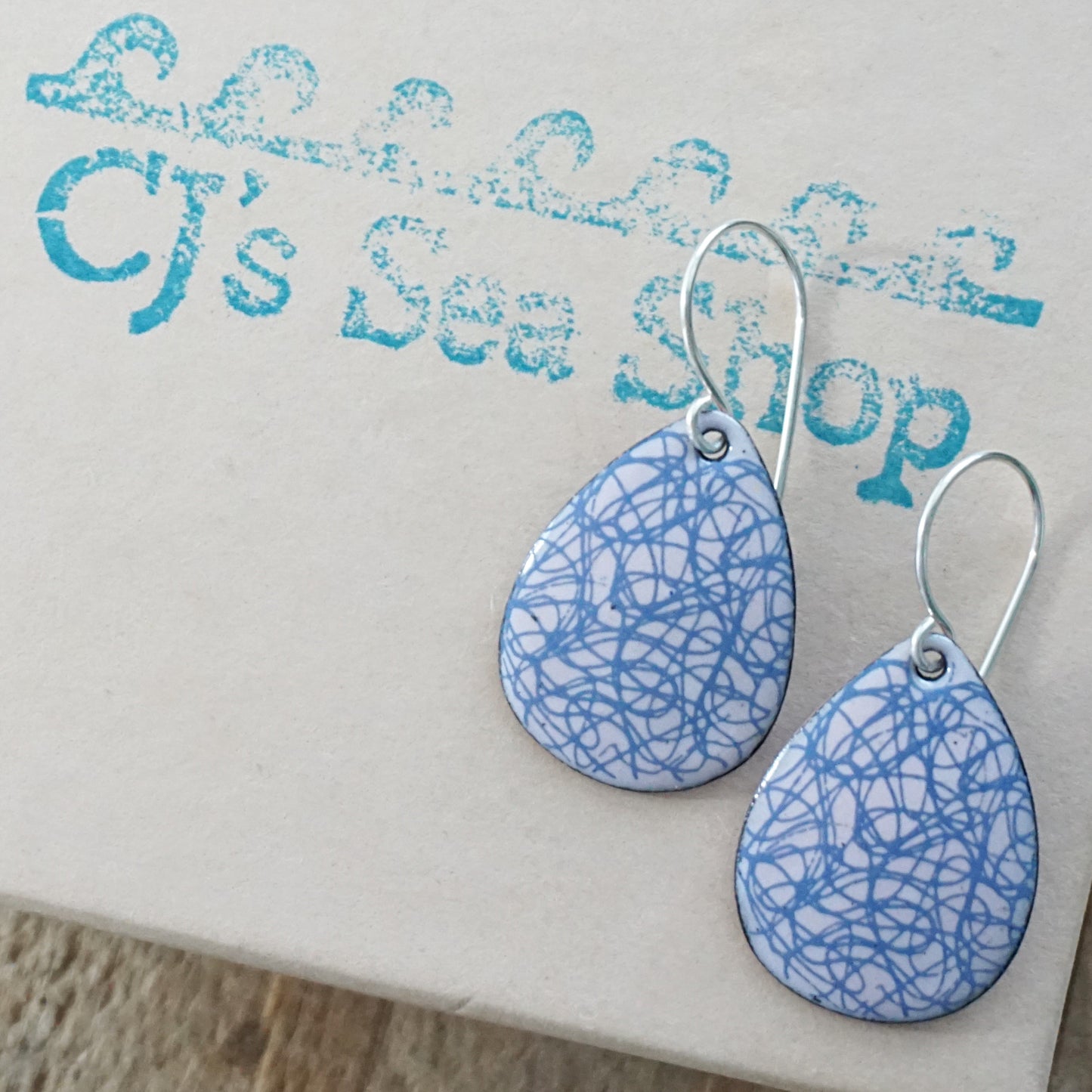 Blue Scribble Line Accents on Pink Enamel Teardrop Earrings