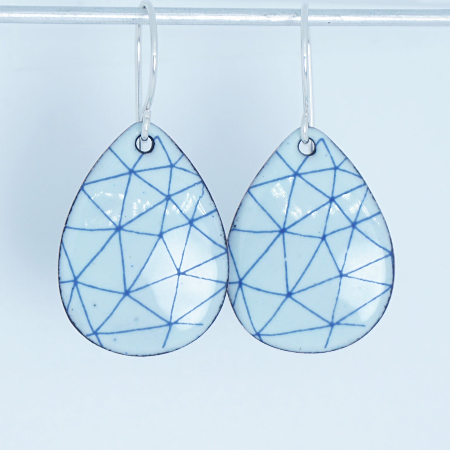 Blue Geometric Accents on Light Seafoam Green Enamel Teardrop Earrings