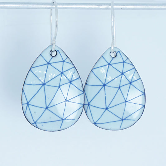 Blue Geometric Accents on Light Seafoam Green Enamel Teardrop Earrings