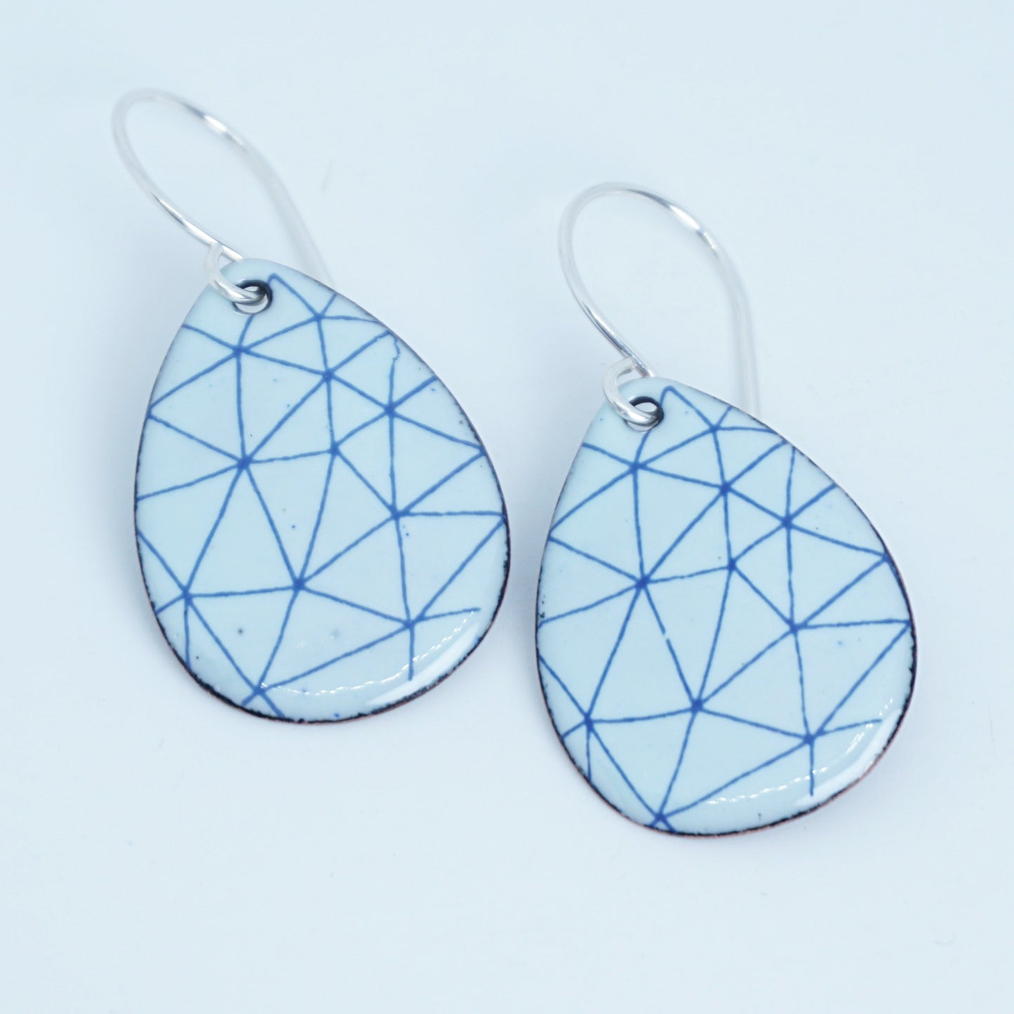 Blue Geometric Accents on Light Seafoam Green Enamel Teardrop Earrings