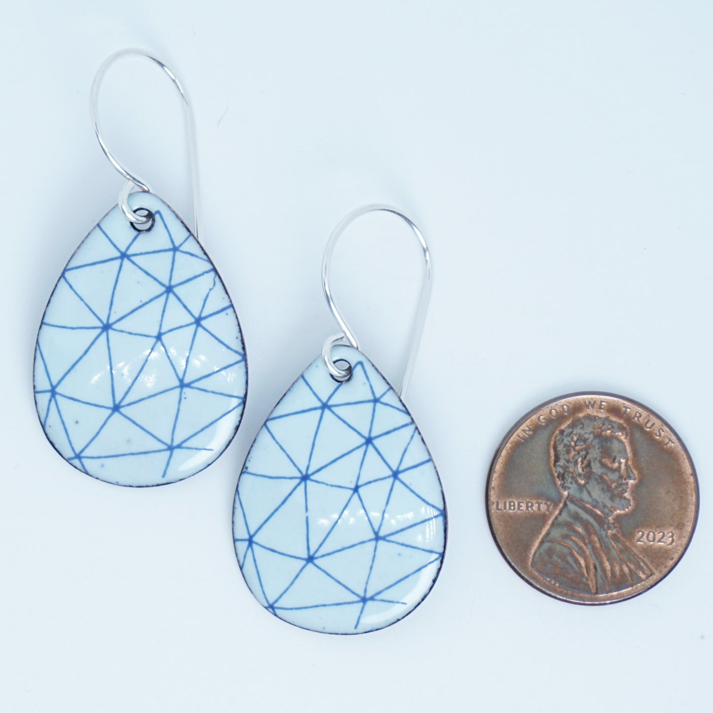 Blue Geometric Accents on Light Seafoam Green Enamel Teardrop Earrings