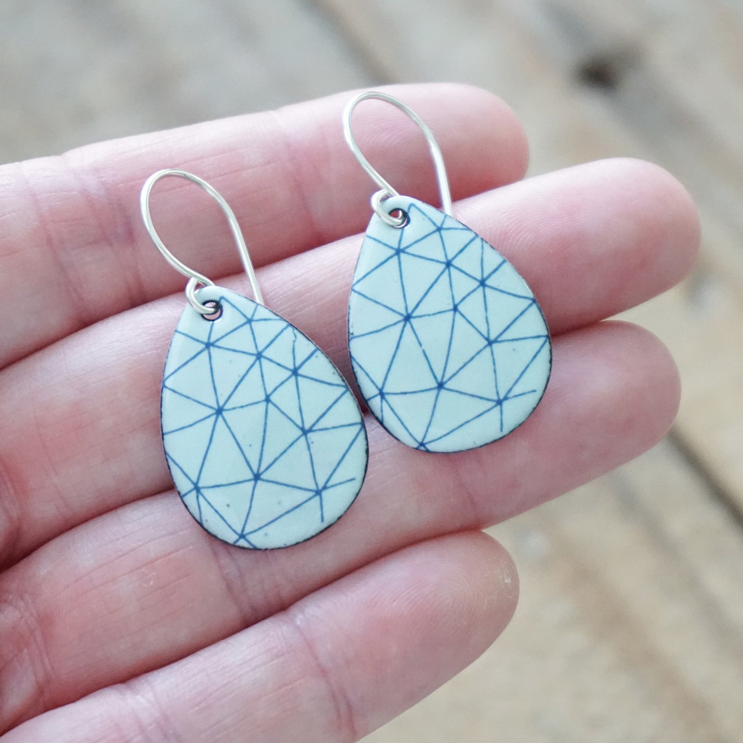 Blue Geometric Accents on Light Seafoam Green Enamel Teardrop Earrings