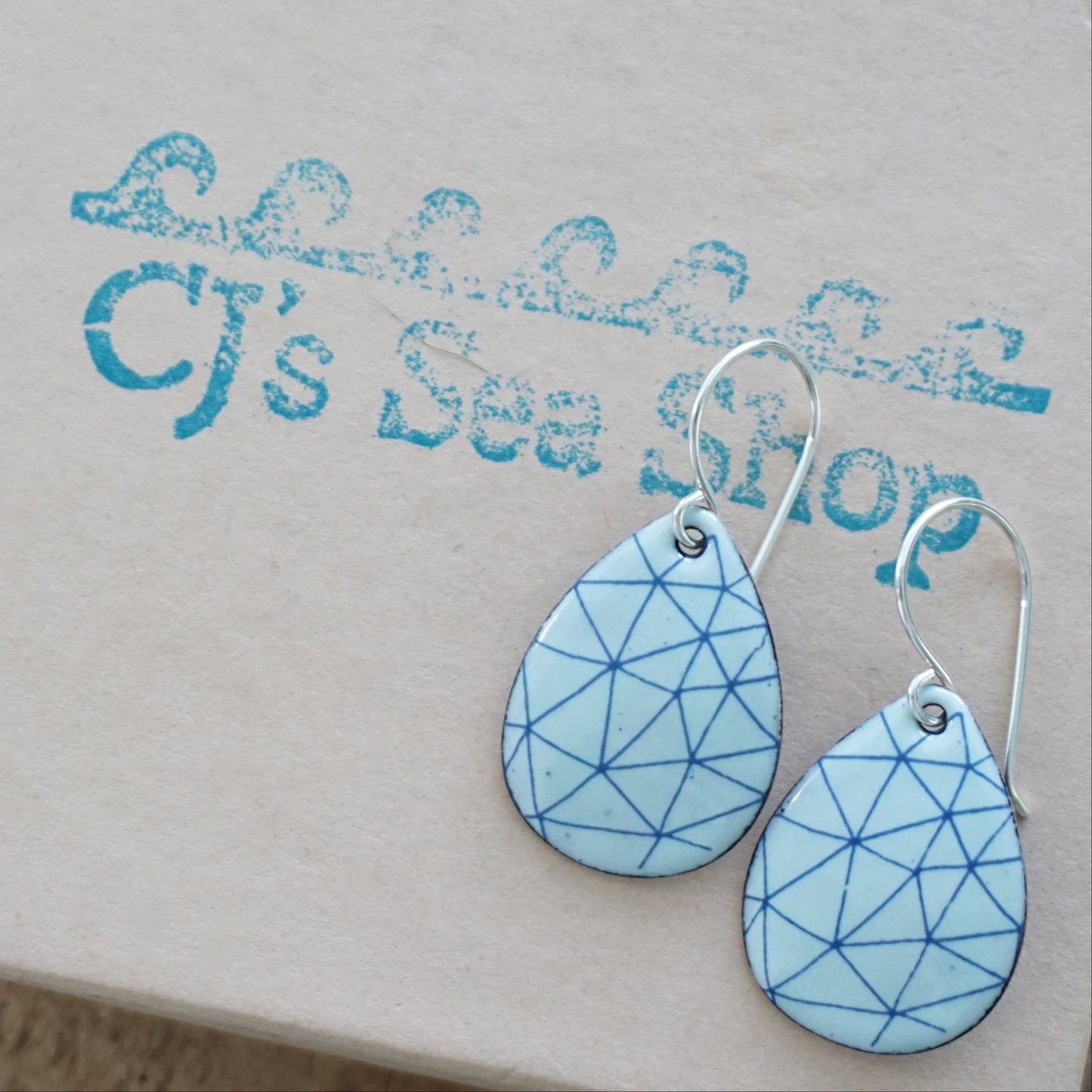 Blue Geometric Accents on Light Seafoam Green Enamel Teardrop Earrings