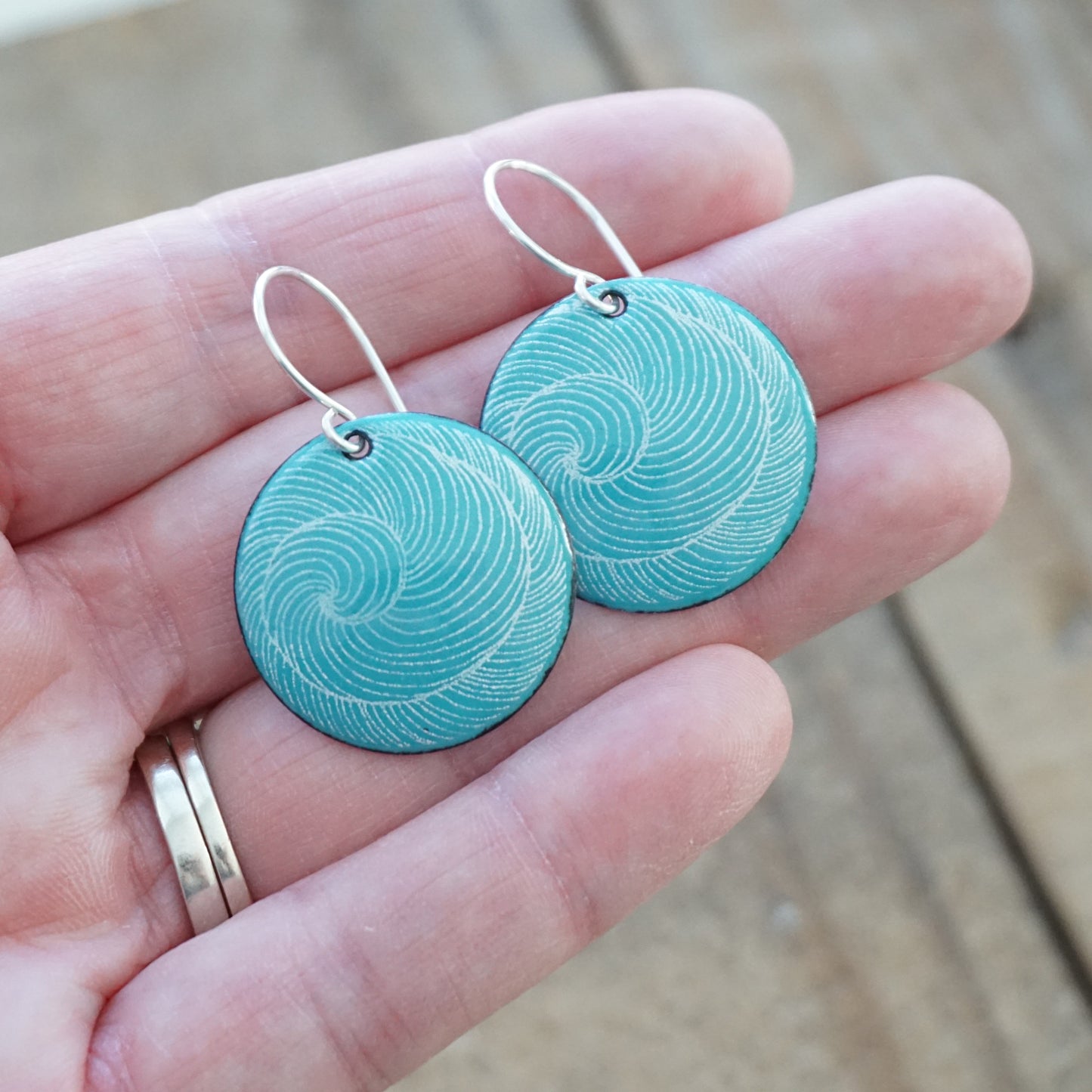 White Swirl Accents on Teal Green Enamel Disc Earrings