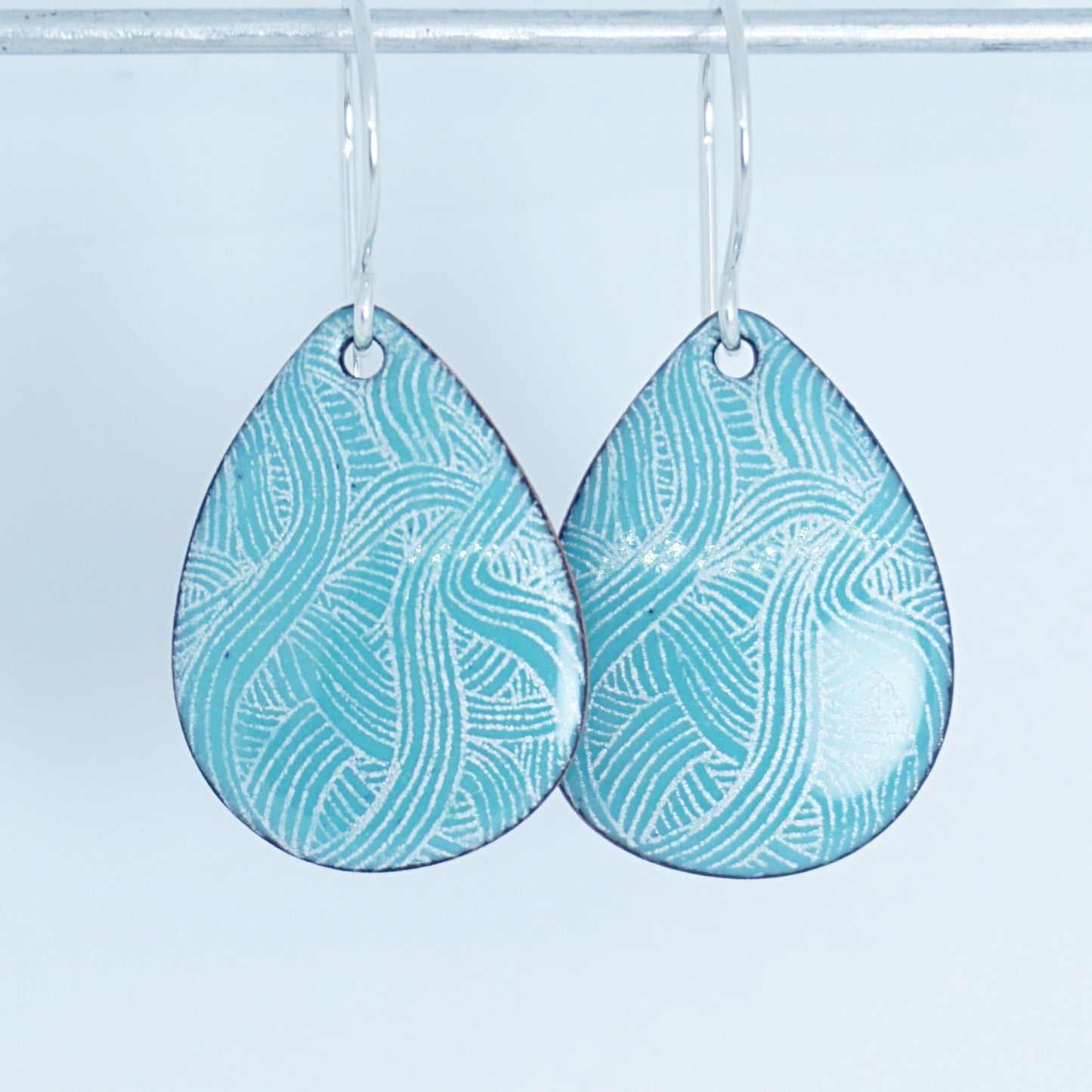 White Line Accents on Green Enamel Teardrop Earrings