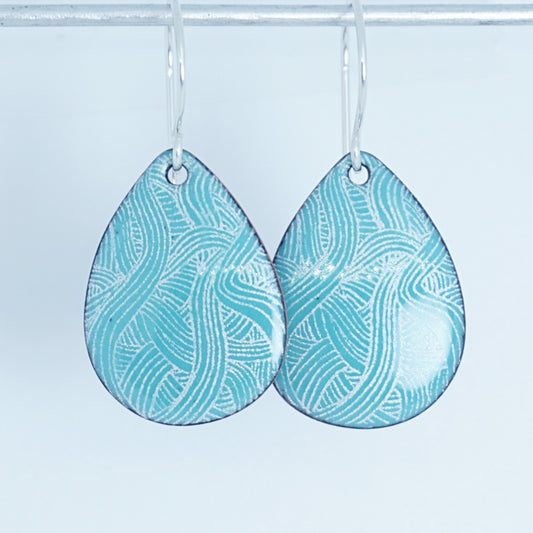 White Line Accents on Green Enamel Teardrop Earrings