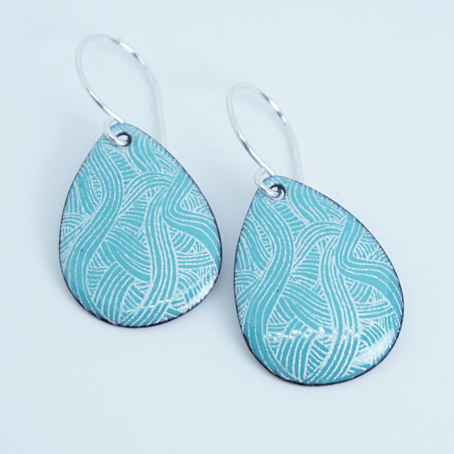 White Line Accents on Green Enamel Teardrop Earrings