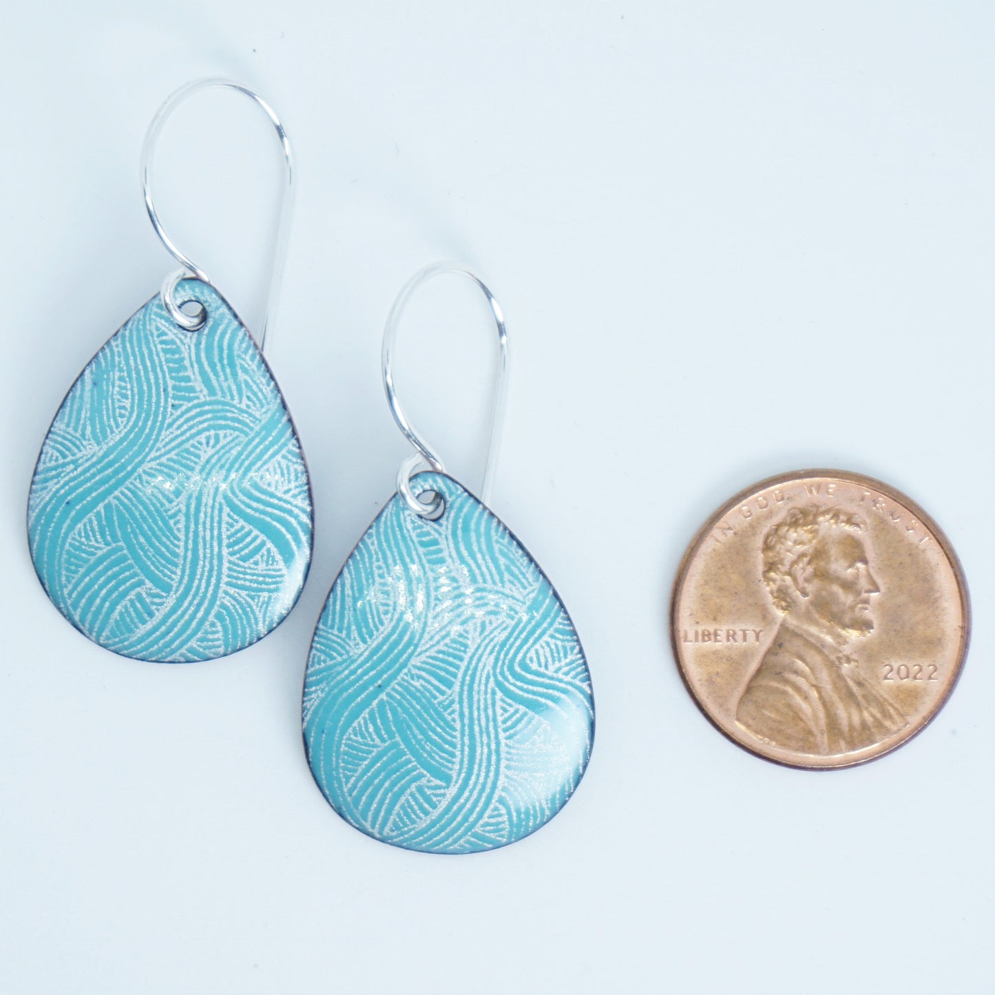 White Line Accents on Green Enamel Teardrop Earrings