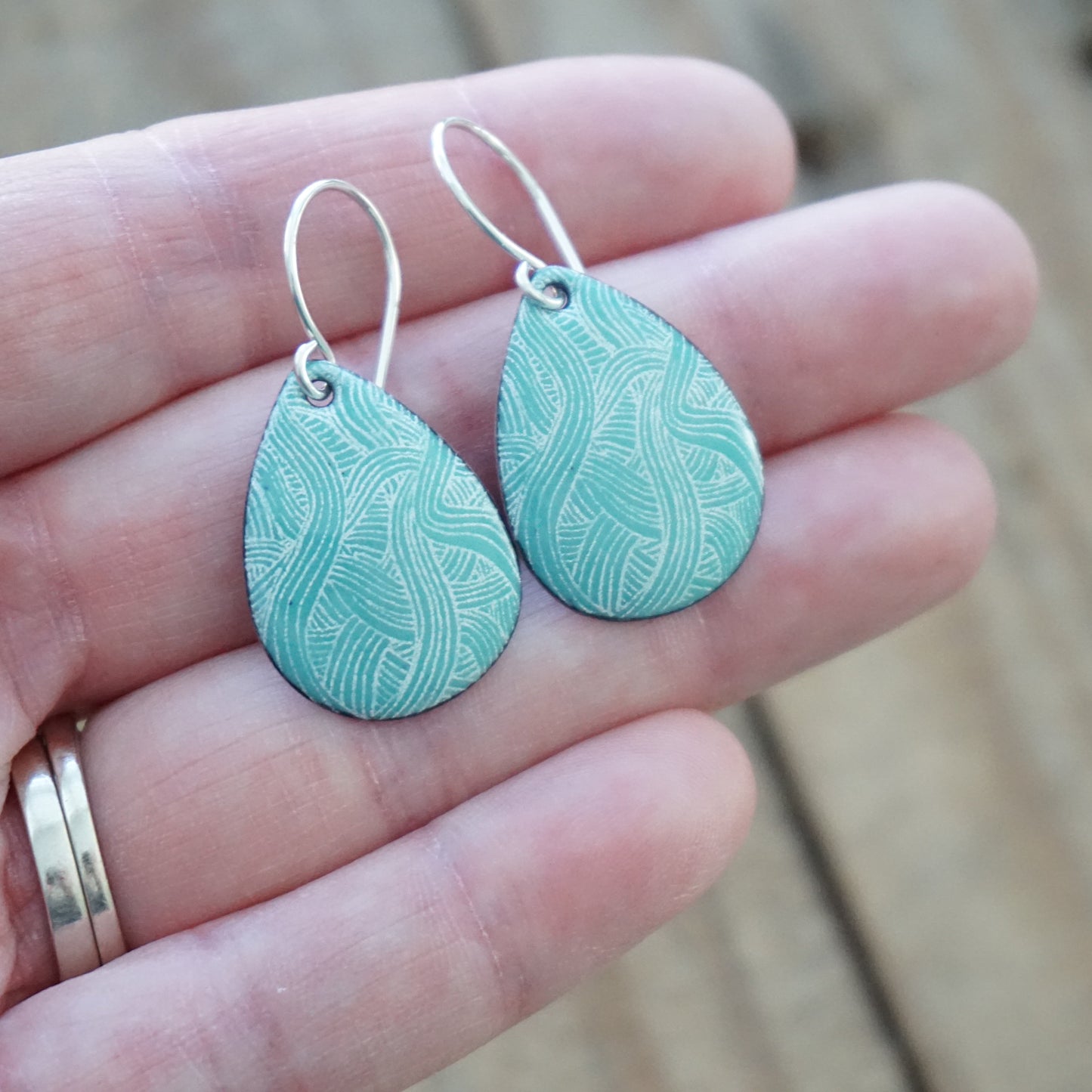 White Line Accents on Green Enamel Teardrop Earrings
