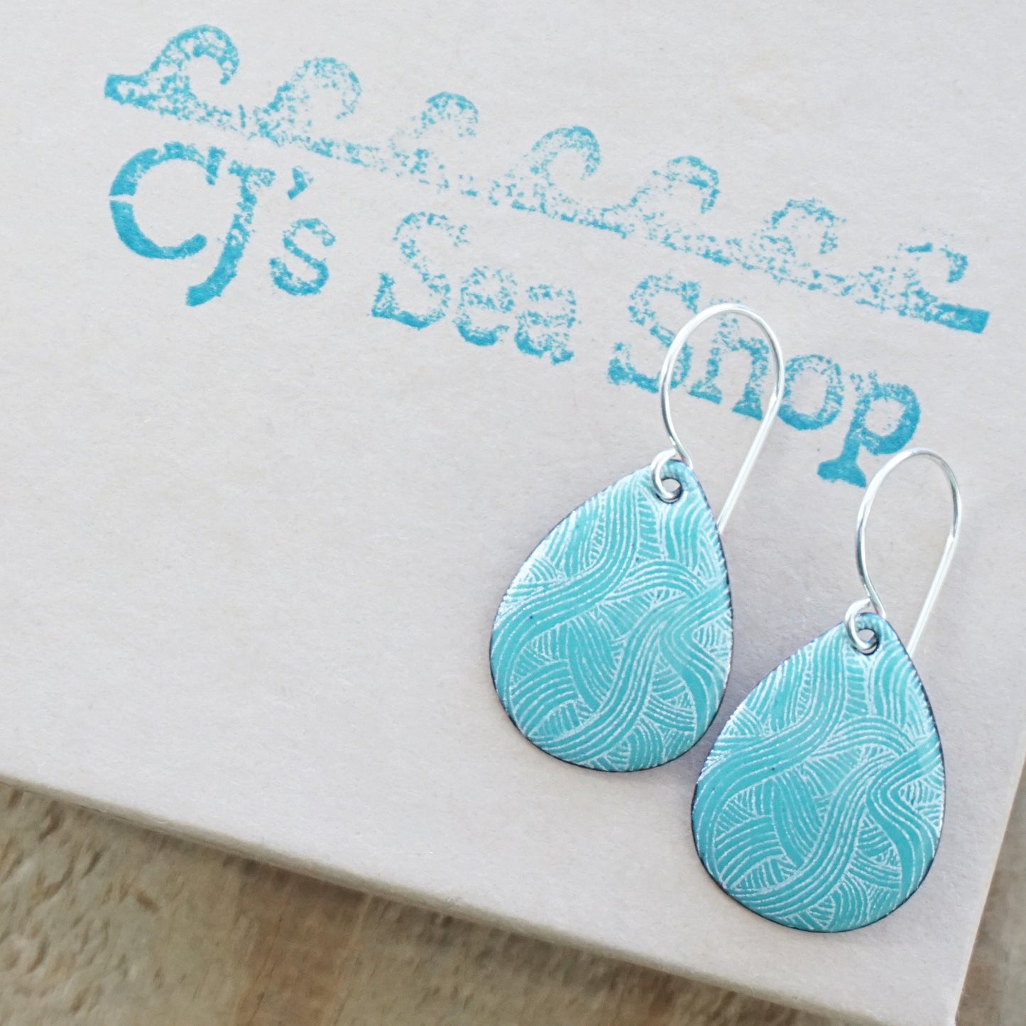 White Line Accents on Green Enamel Teardrop Earrings