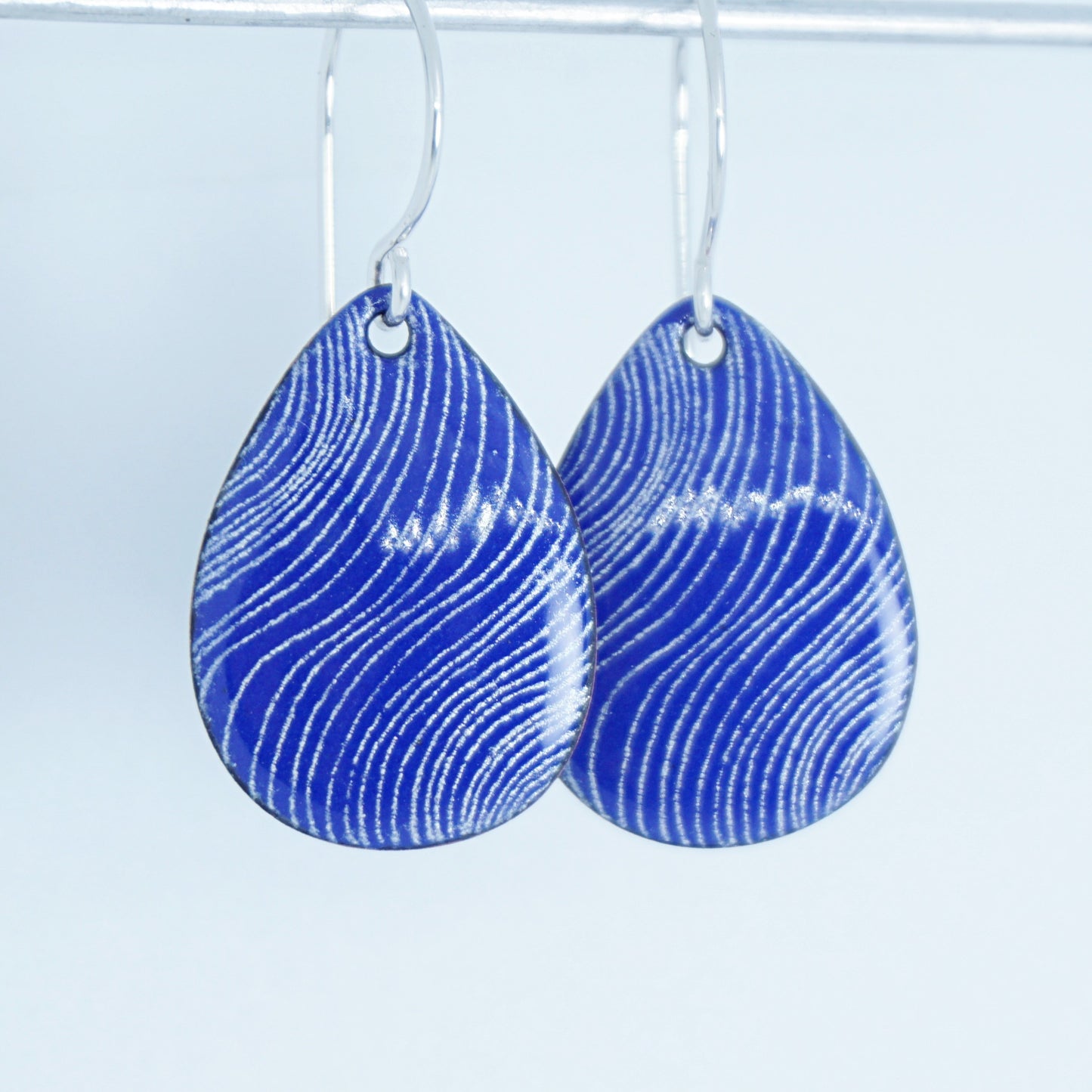 White Line Accents on Cobalt Blue Enamel Teardrop Earrings