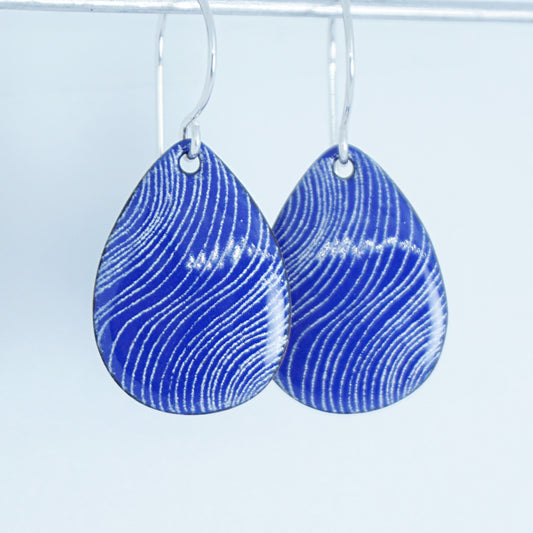 White Line Accents on Cobalt Blue Enamel Teardrop Earrings