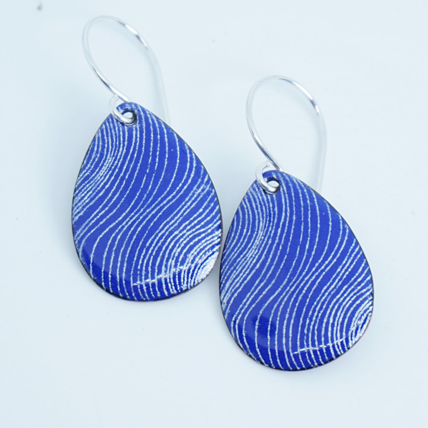 White Line Accents on Cobalt Blue Enamel Teardrop Earrings