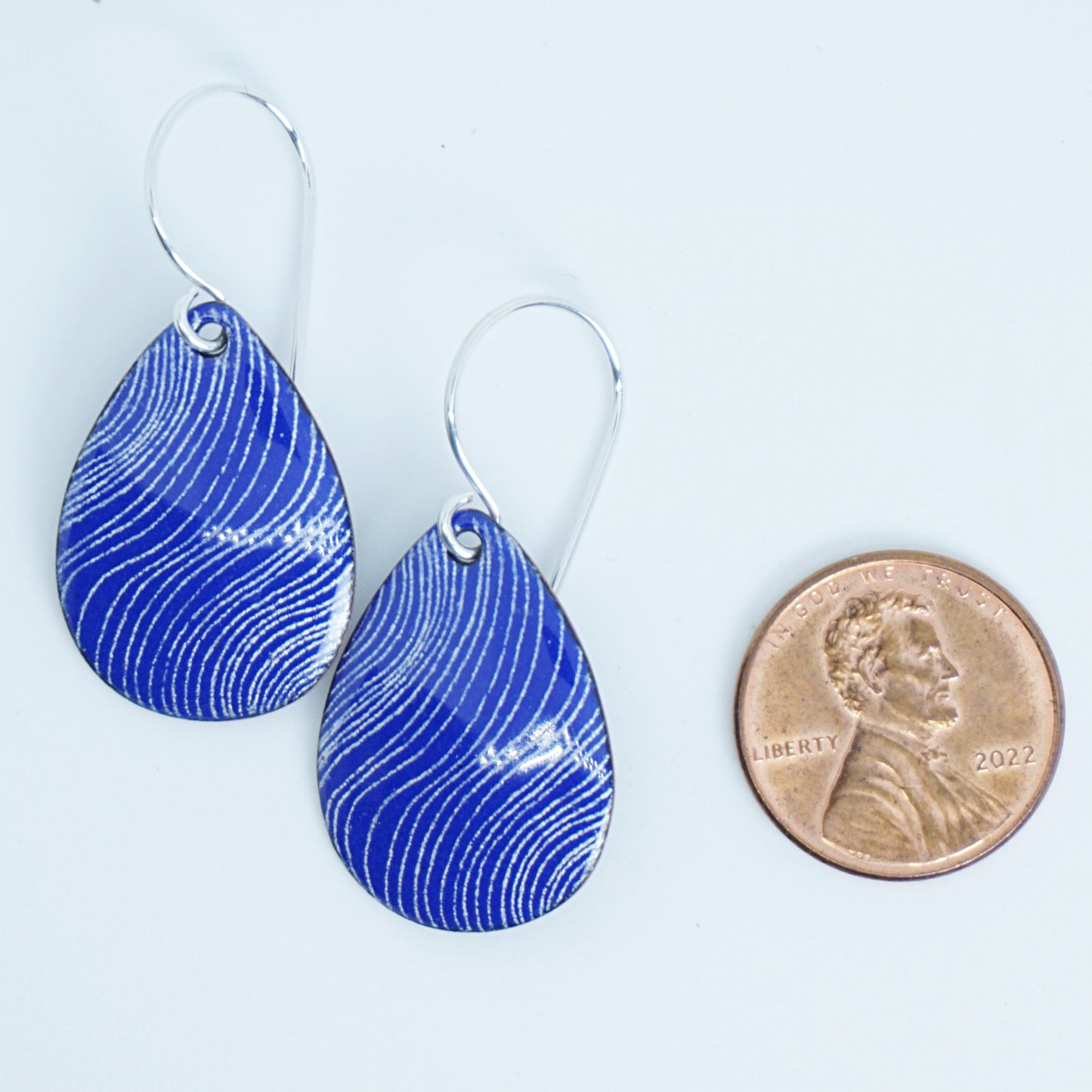White Line Accents on Cobalt Blue Enamel Teardrop Earrings