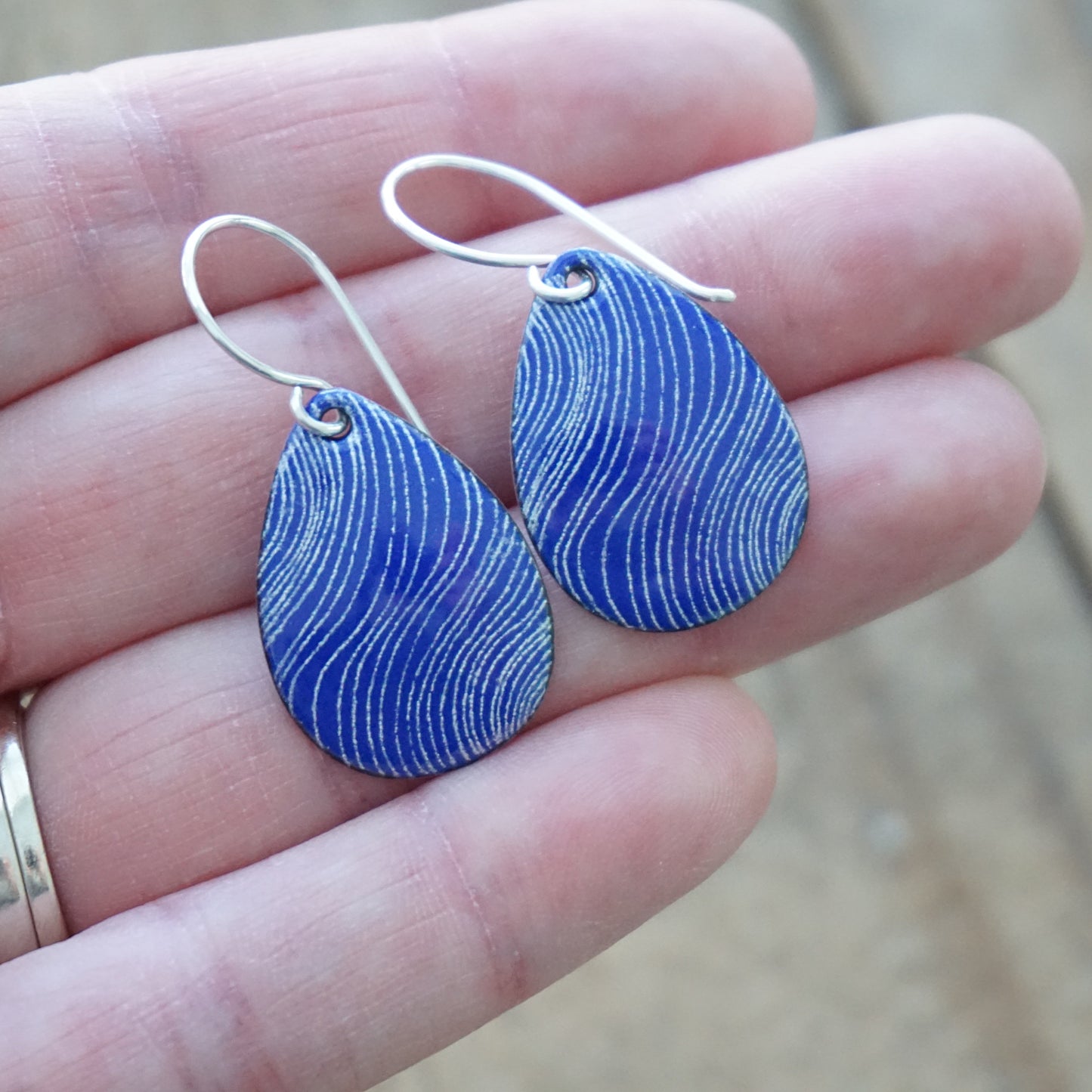 White Line Accents on Cobalt Blue Enamel Teardrop Earrings