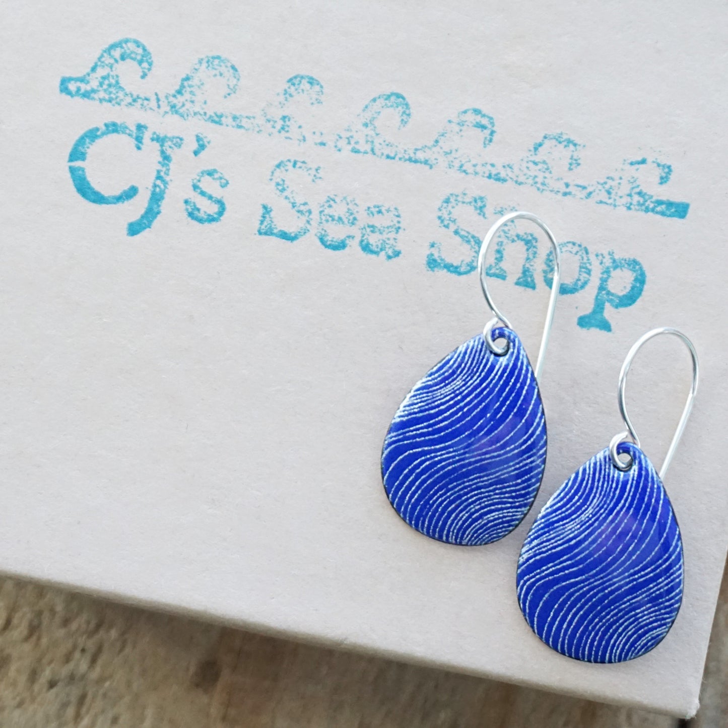 White Line Accents on Cobalt Blue Enamel Teardrop Earrings