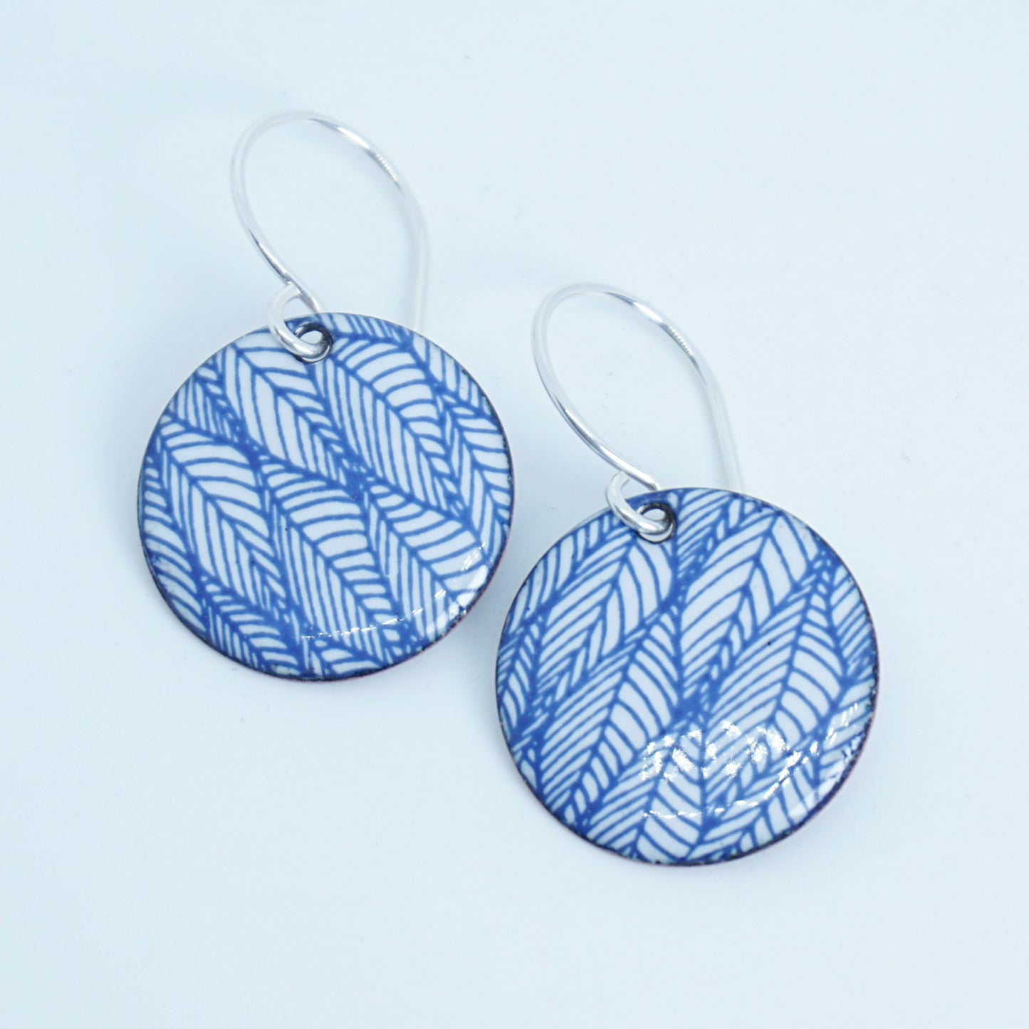 Blue Leaf Accents on White Enamel Disc Earrings