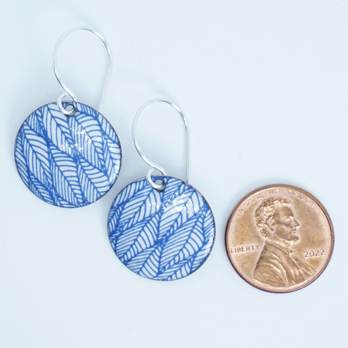 Blue Leaf Accents on White Enamel Disc Earrings