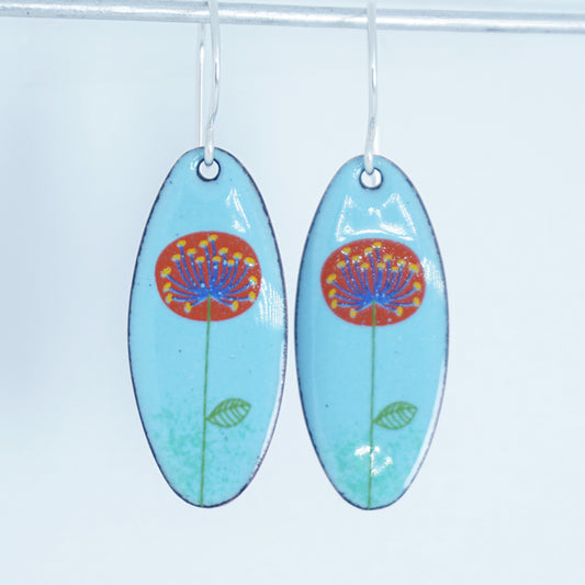 CLEARANCE Red and Blue Dandelions on Light Blue Oval Earrings