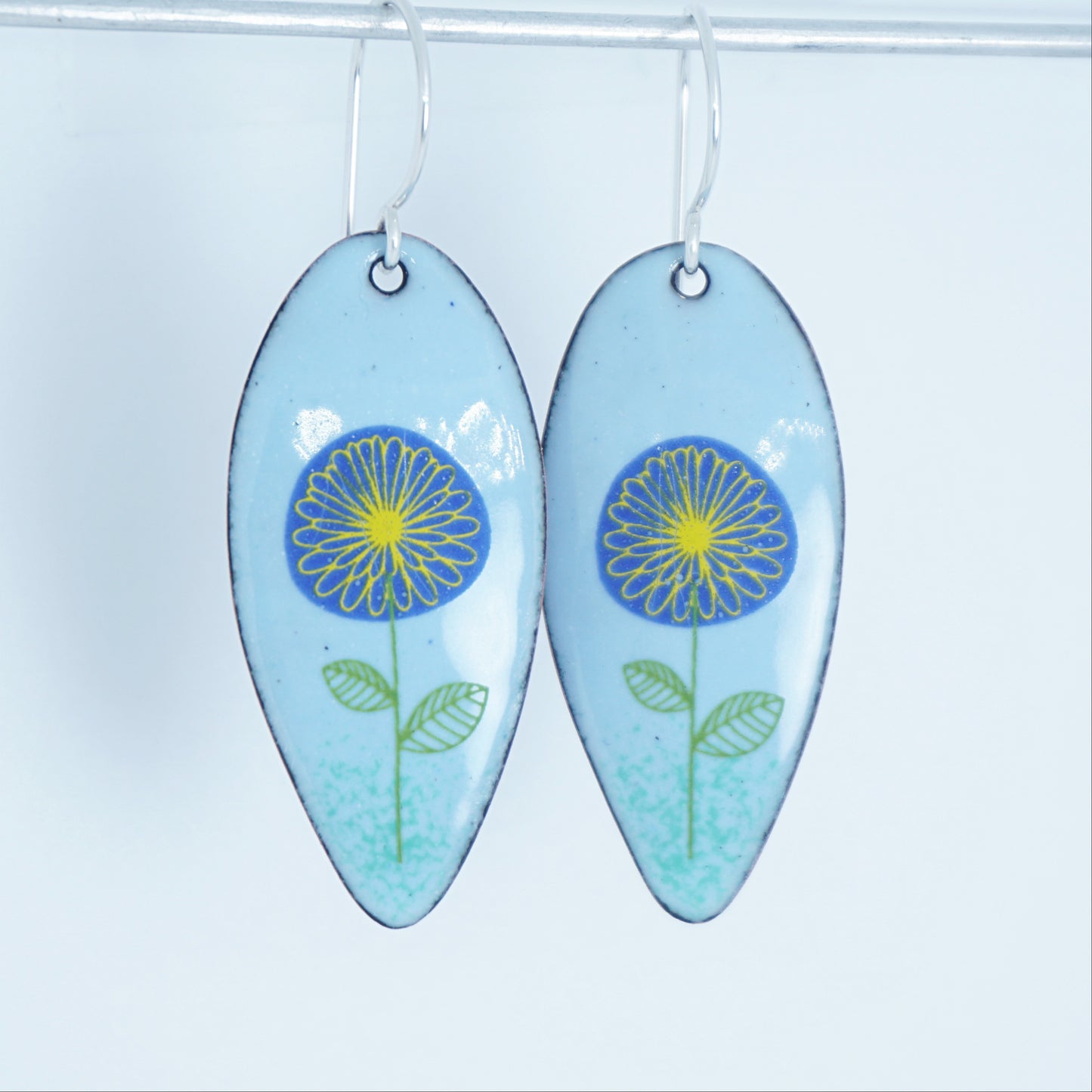 CLEARANCE Blue and Yellow Daisies on Light Blue Enamel Teardrop Earrings