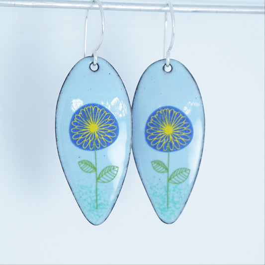 CLEARANCE Blue and Yellow Daisies on Light Blue Enamel Teardrop Earrings