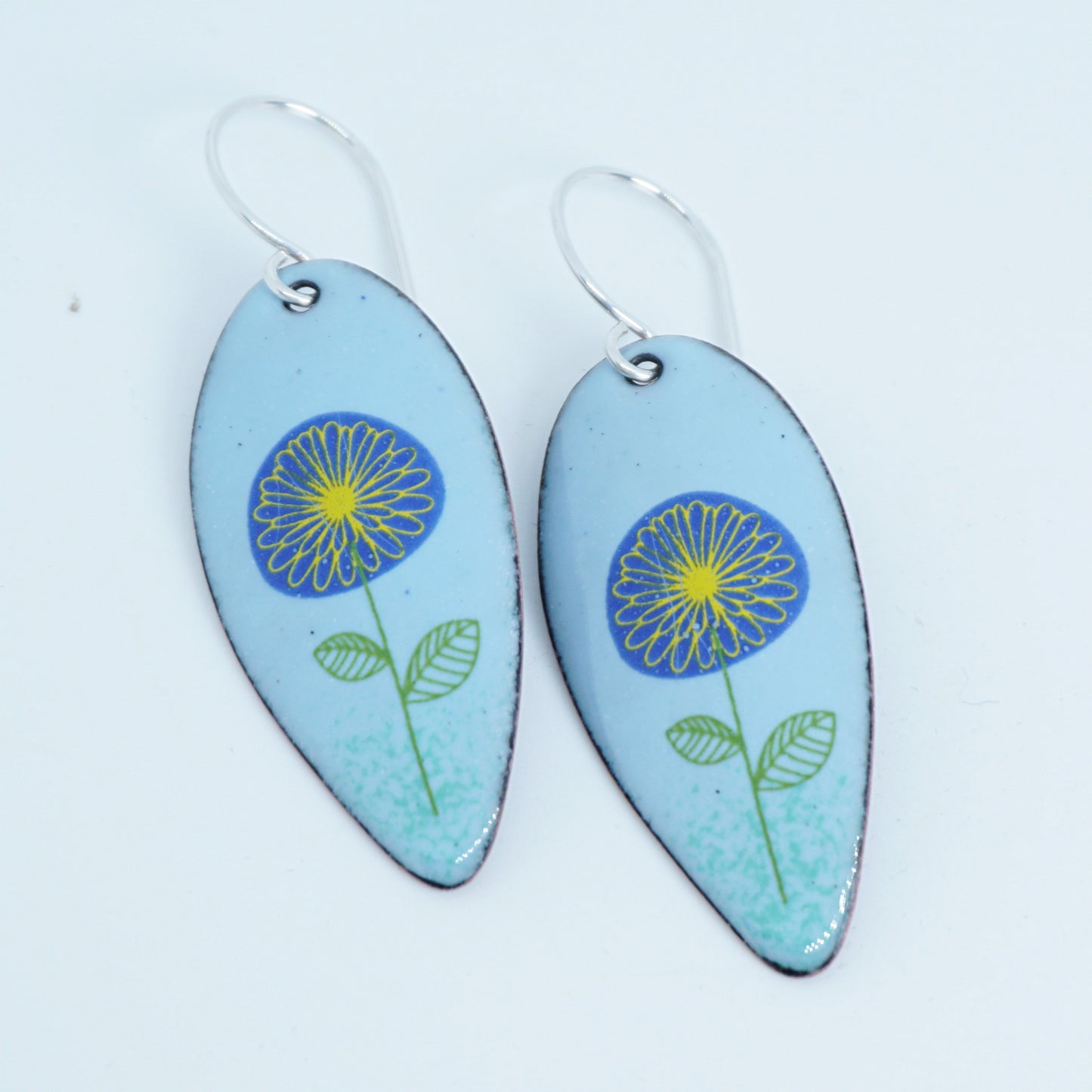 CLEARANCE Blue and Yellow Daisies on Light Blue Enamel Teardrop Earrings