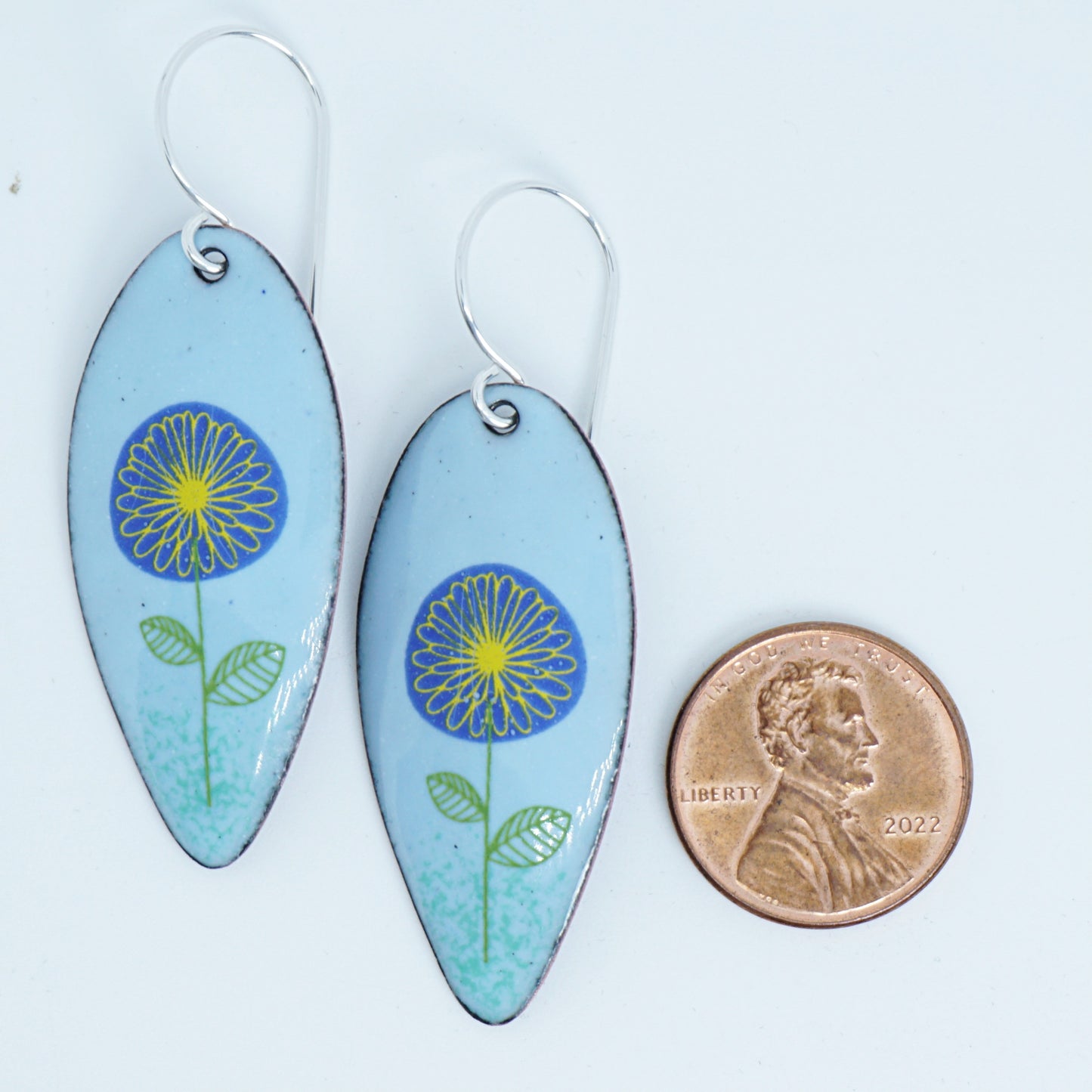 CLEARANCE Blue and Yellow Daisies on Light Blue Enamel Teardrop Earrings