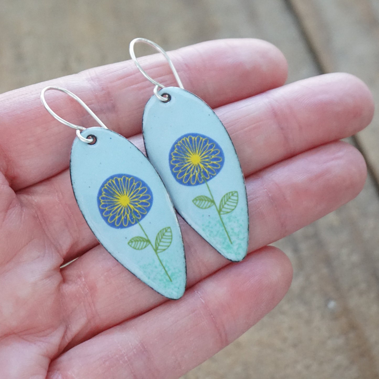 CLEARANCE Blue and Yellow Daisies on Light Blue Enamel Teardrop Earrings