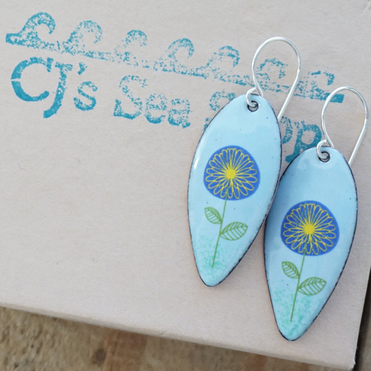 CLEARANCE Blue and Yellow Daisies on Light Blue Enamel Teardrop Earrings