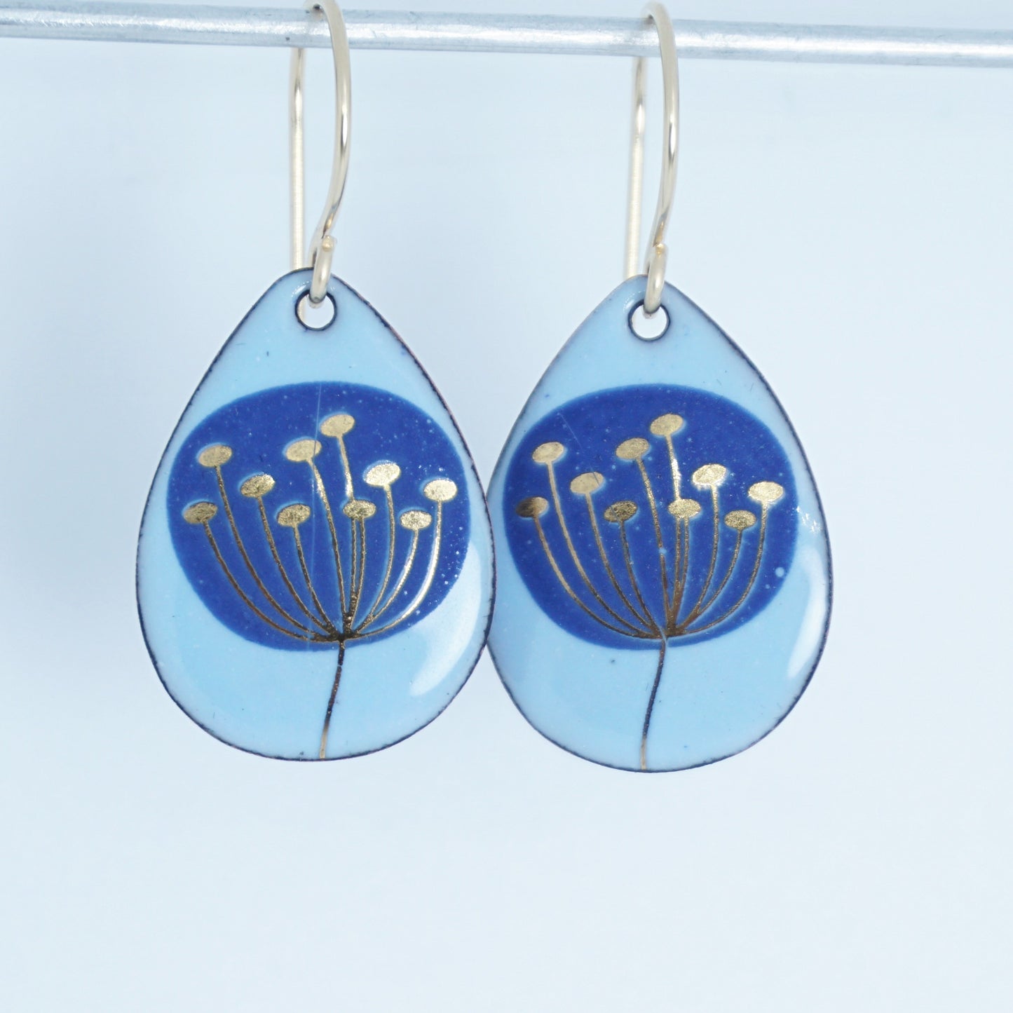 Gold and Blue Dandelions on Light Blue Enamel Teardrop Earrings