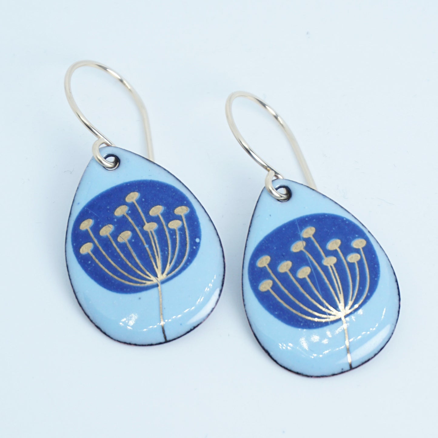 Gold and Blue Dandelions on Light Blue Enamel Teardrop Earrings