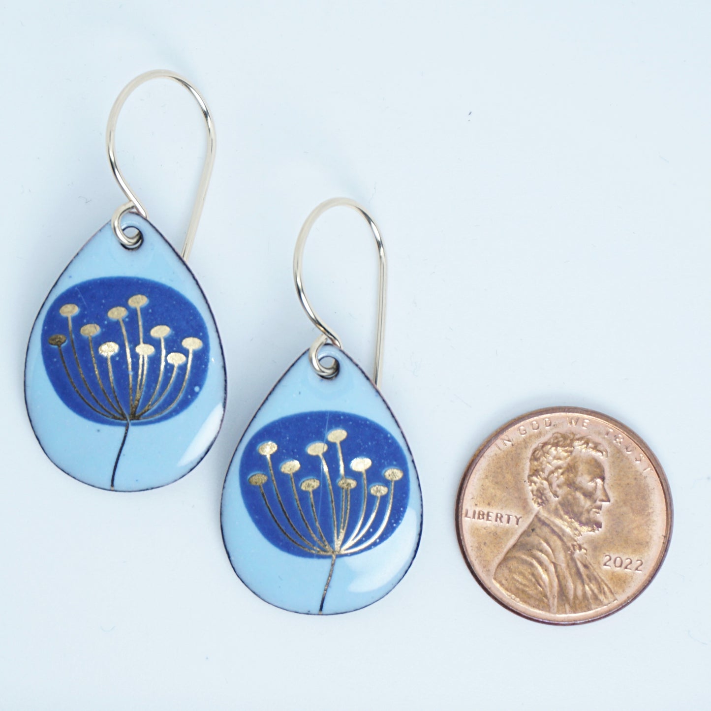 Gold and Blue Dandelions on Light Blue Enamel Teardrop Earrings