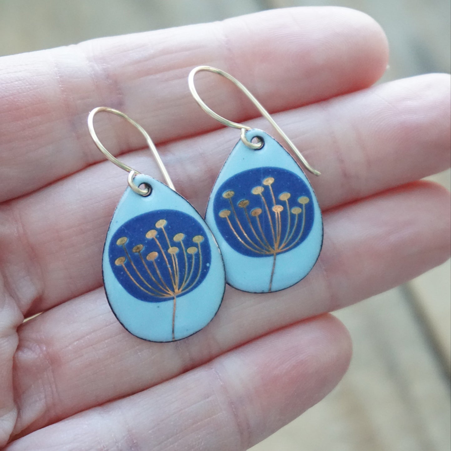Gold and Blue Dandelions on Light Blue Enamel Teardrop Earrings