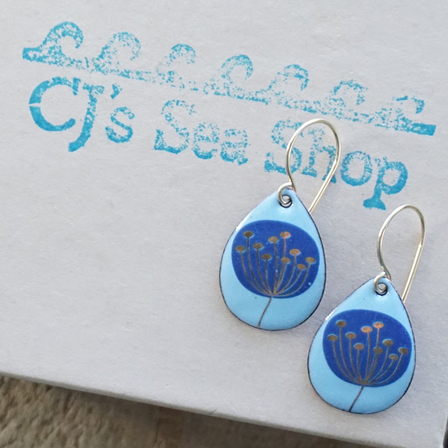Gold and Blue Dandelions on Light Blue Enamel Teardrop Earrings
