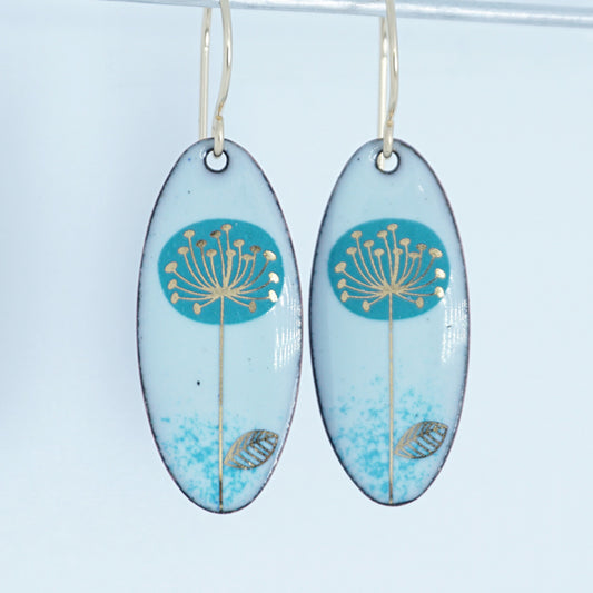 CLEARANCE Teal and Gold Dandelions on Light Seafoam Green Oval Earrings