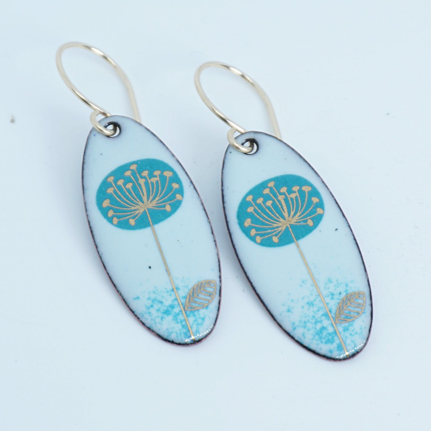 CLEARANCE Teal and Gold Dandelions on Light Seafoam Green Oval Earrings