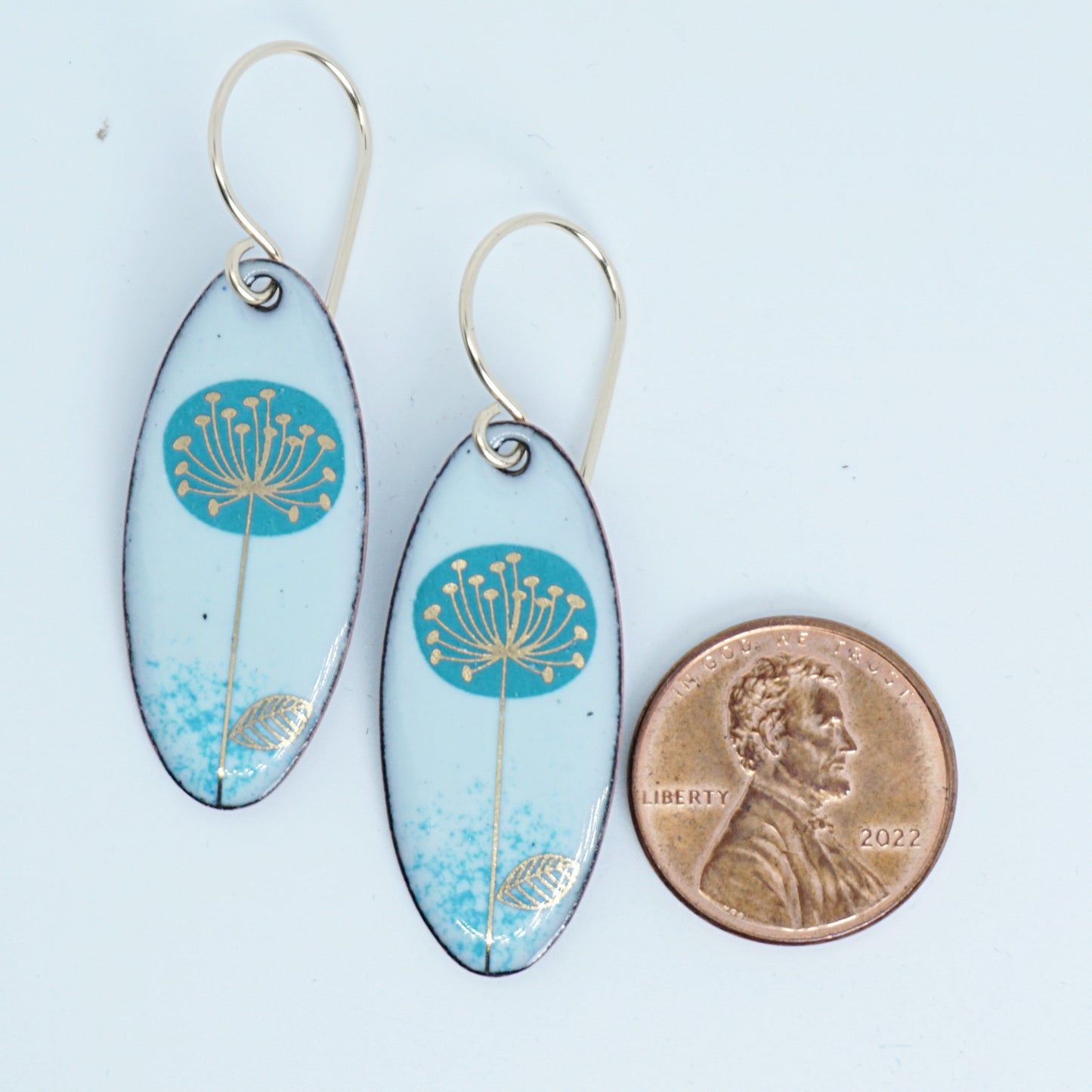 CLEARANCE Teal and Gold Dandelions on Light Seafoam Green Oval Earrings