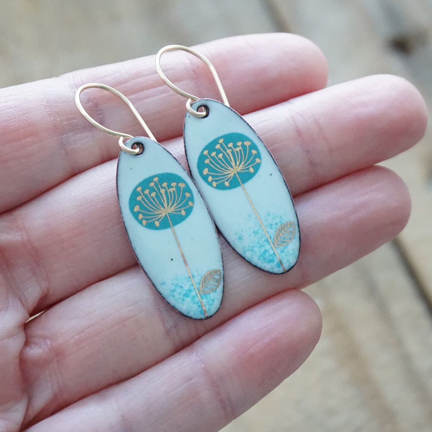 CLEARANCE Teal and Gold Dandelions on Light Seafoam Green Oval Earrings
