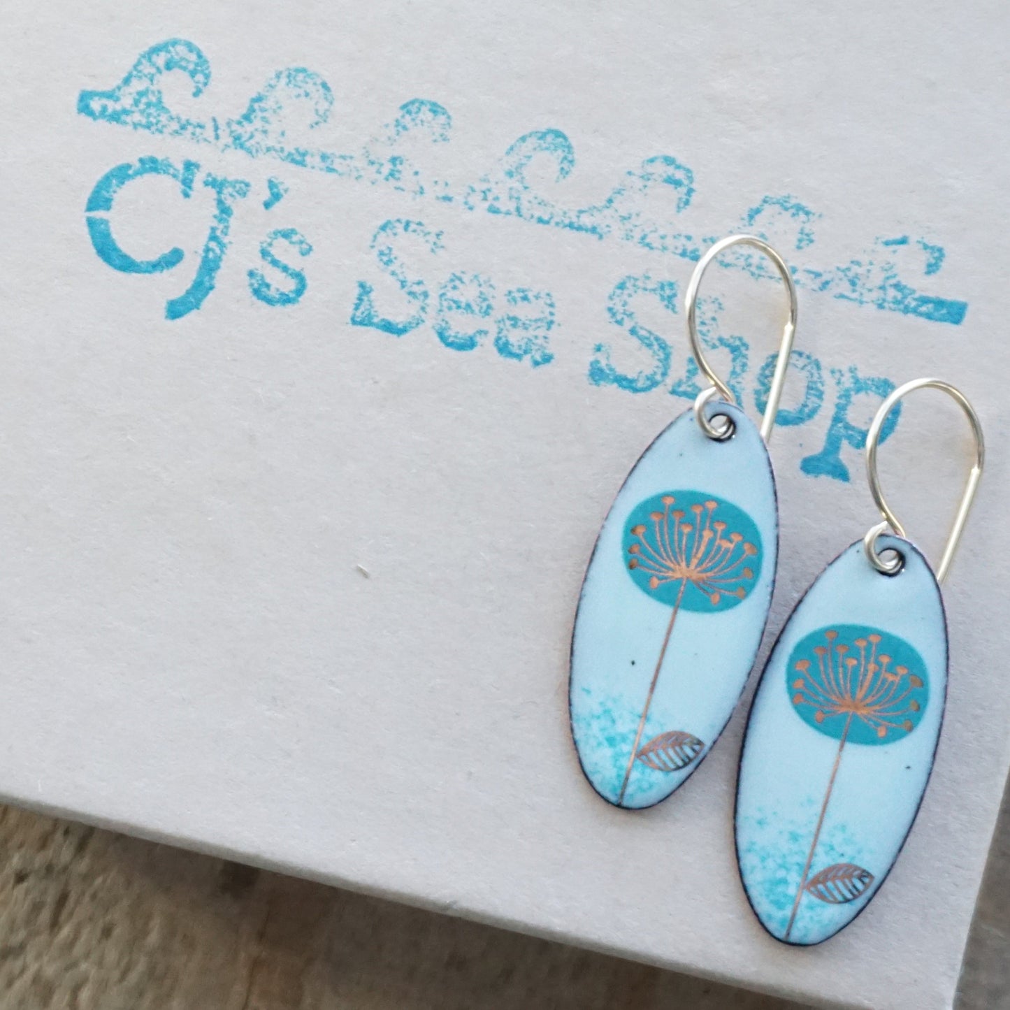 CLEARANCE Teal and Gold Dandelions on Light Seafoam Green Oval Earrings