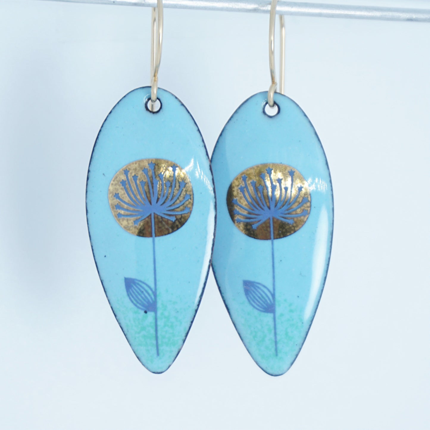 Gold and Blue Dandelions on Light Blue Enamel Teardrop Earrings