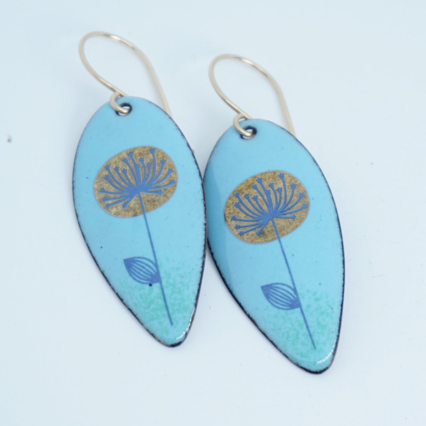 Gold and Blue Dandelions on Light Blue Enamel Teardrop Earrings