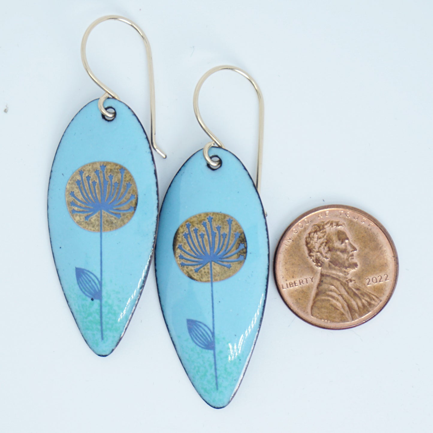 Gold and Blue Dandelions on Light Blue Enamel Teardrop Earrings